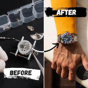 May include: Image showing a watch repair process. The left side displays watch components and tools labeled "BEFORE." The right side shows a finished watch with a blue and red bezel, labeled "AFTER."