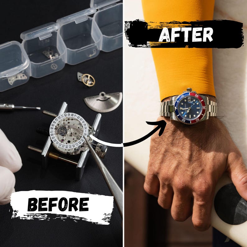 May include: Image showing a watch repair process. The left side displays watch components and tools labeled "BEFORE." The right side shows a finished watch with a blue and red bezel, labeled "AFTER."