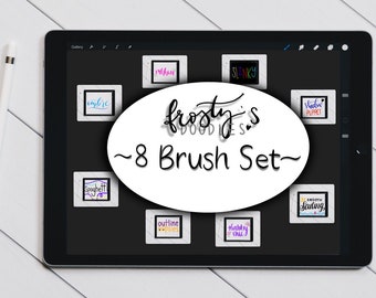 May include: A digital tablet screen displaying a set of 8 digital brushes for drawing and lettering. The brushes are named "ombic", "Spaghett", "SLENKY", "PUPPET", "SMOOTH Sauding", "outline", "Habby chic", and "frostys doodles".