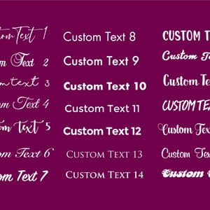 May include: A purple background with white text that says "Custom Text 1" through "Custom Text 21". The text is in different fonts and sizes.