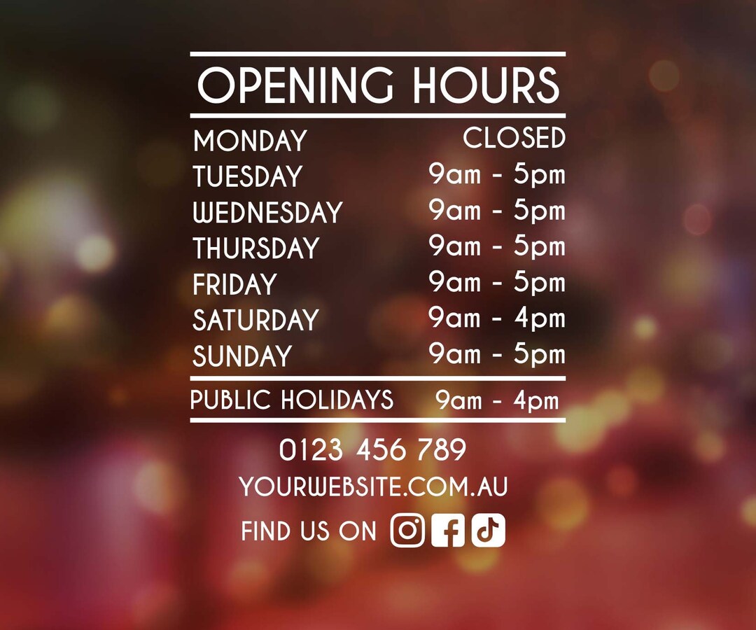 Hours Decal Vinyl Cut, Store Window Sign, Trading Hours, Opening Hours