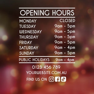 Hours Decal Vinyl Cut, store window sign, trading hours, opening hours, door hours signage decal sticker