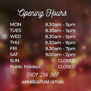 Hours Decal Vinyl Cut, store window sign, trading hours, opening hours, door hours signage decal sticker with mobile number and web address
