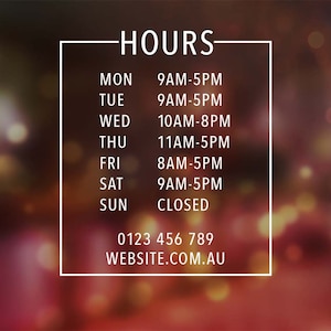 Hours Decal Vinyl Cut, store window sign, trading hours, opening hours, door hours signage decal sticker, website and number