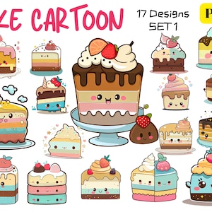 Cake clipart, Cartoon Birthday cake png, Kawaii cake, Cake sticker, Baker cartoon, Cute cartoon cake, Bundle 17 files 300 dpi set1