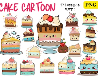 Cake clipart, Cartoon Birthday cake png, Kawaii cake, Cake sticker, Baker cartoon, Cute cartoon cake, Bundle 17 files 300 dpi set1