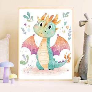 Dragon Art | Nursery Wall Art | Pastel Dragon Cartoon | Kids Room Decor | Adorable Dragon Printable | Baby Dragon Art Print