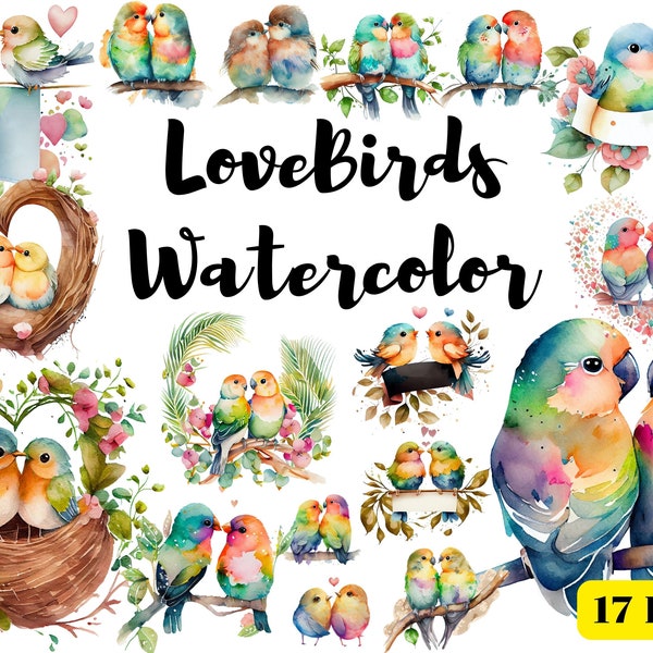 Love Birds Clipart, Valentine's Day clipart, Watercolor Loving Birds, Birds On Branch Tree, Printable Love Birds, Valentine bundle 17 files