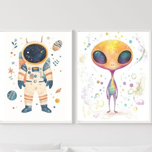 Arte de astronautas y extraterrestres / Arte de pared para guardería espacial / Astronauta de dibujos animados en colores pastel / Decoración infantil de extraterrestres y astronautas / Descarga digital con temática espacial