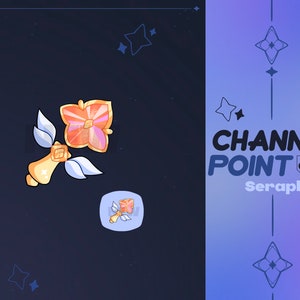 Peut inclure: Illustration numérique d'une cloche dorée avec des ailes blanches et un emblème floral orange et rose. Le texte "CHANNEL POINT Seraphine" est également présent sur un fond dégradé.