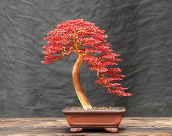 Art Wire Bonsai Tree Sculpture With Red Leaves. Up To 12 Inches Tall. Suitable For Valentine's Day Gifts, Wedding Gifts.