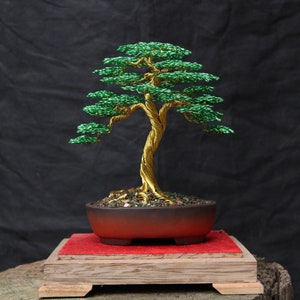 Art Wire Bonsai Tree Sculpture With 7 inches Height. Green Leaves, Gold Trunk. Handmade Sculpture, Home Decor, Birthday, Mother&#39;s Day