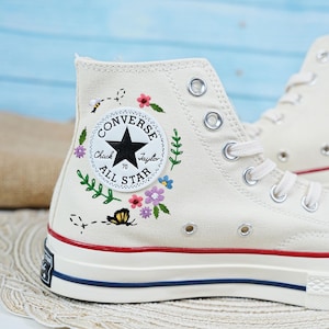 Wedding Converse for Bride, Custom Embroidered Converse Platform, Wedding Flowers Embroidered Platform Shoes, Personalized Bridal Sneaker LL