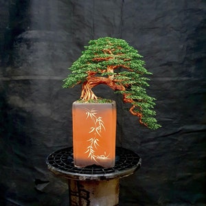 Wire Bonsai Tree artwork with copper trunk and dark green leaves. A tree of life with Japanese decor style for new home gift, handmade gift