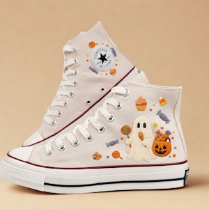 White Converse High Tops with Embroidered Ghost and Candy, Cute Halloween Pumpkin Bucket Converse, Handmade Sweet Treat Themed Shoes