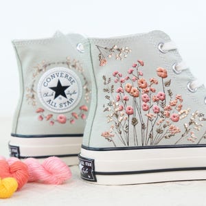 Customized Embroidered Converse Shoes, Pink Flower Embroidered Sneakers Custom, Flower Embroidered Shoes for Women, Mother&#39;s Day Gift