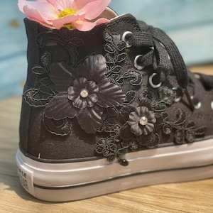 Luxury BLACK Wedding Converse Lace Low Top, Custom Converse Shoes For Bride, Personalized Bridal HIIGH top Tennis Shoes with Lace LL