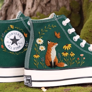 Green Hand Embroidered Fox Converse, Forest Themed Embroidered Shoes, Botanical High Top Sneakers, Custom Nature Shoes Gift LL