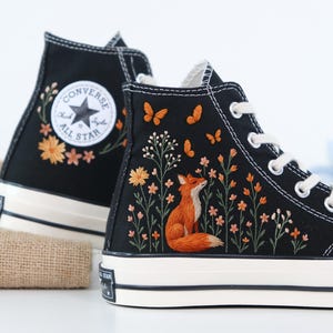 Custom Embroidered Converse High Tops 1970s, Fox Embroidered Converse Shoes, Fox and Flowers Embroidered Sneakers, Funny Halloween Gifts
