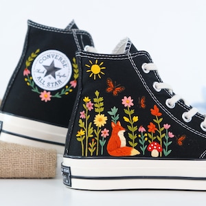 Custom Embroidered Converse High Tops 1970s, Fox Embroidered Converse Shoes, Fox and Flowers Embroidered Sneakers, Funny Halloween Gifts