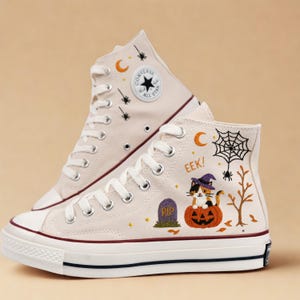 Witch Cat Halloween Converse, Embroidered Pumpkin Cat Sneakers, Spooky Cute High Tops, Custom Cat in Pumpkin Shoes, Witch Cat Gift Shoes