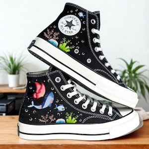 Ocean Dream Converse, Embroidered Converse, Hand Painted Whale Shoes, Sea Life Custom Sneakers, Artistic High Tops, Gift for Ocean Lovers