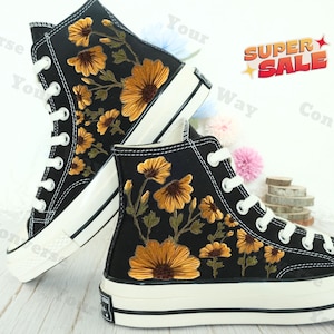 Embroidered Converse Flowers, Floral Converse Embroidery, Custom Black High Tops with Sunflower, Hand Embroidered Shoes, Gift for Her LL