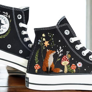 Custom Embroidered Fox Sneakers, Black High Top Forestcore Shoes, Hand Stitched Nature Inspired Canvas Sneakers, Unique Cottagecore Gift LL
