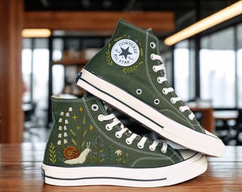 Embroidered Snail High Tops, Artistic Nature Converse, Green