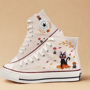 Black Cat Pumpkin Shoes, Halloween Embroidered Converse, Cute Fall High Tops, Spooky Cat Sneakers, Kawaii Pumpkin Gift, JiJi Cat Gift