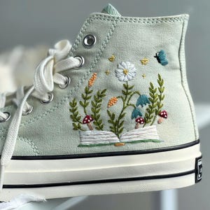 Custom Embroidered Converse Sneakers, Floral and Book Design, Green High Top Shoes, Personalized Chuck Taylor, Unique Gift for Her