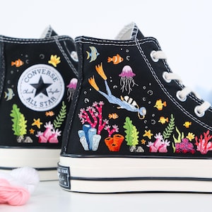 Custom Embroidered Converse High Tops, Custom Converse Chuck Taylor 1970s Shark Embroidered, Shark Embroidered Shoes Custom, Ocean Gifts LT