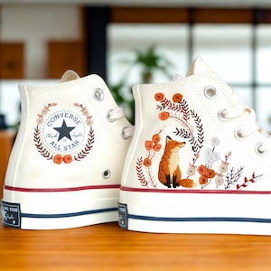 Orange Hand Embroidered Fox Converse, Forest Themed Embroidered Shoes, Botanical High Top Sneakers, Custom Nature Shoes Gift LL