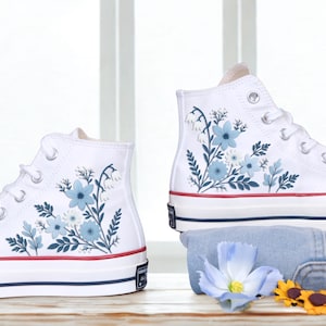 Blue Wedding Flowers Embroidered Shoes Custom, Wedding Converse For Bride, Bridal Flowers Embroidered Sneakers, Custom Converse For Wedding