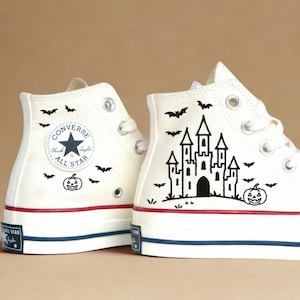 White Converse High Tops with Black Haunted Castle Design, Spooky Halloween Bats and Pumpkin Converse, Custom Gothic Style Shoes