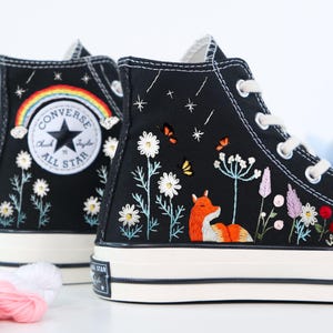 Fox Embroidered Converse With Flowers, Rainbow, Converse Embroidery Fox, Custom Fox Shoes Embroidered Fox and Flowers Sneakers LT