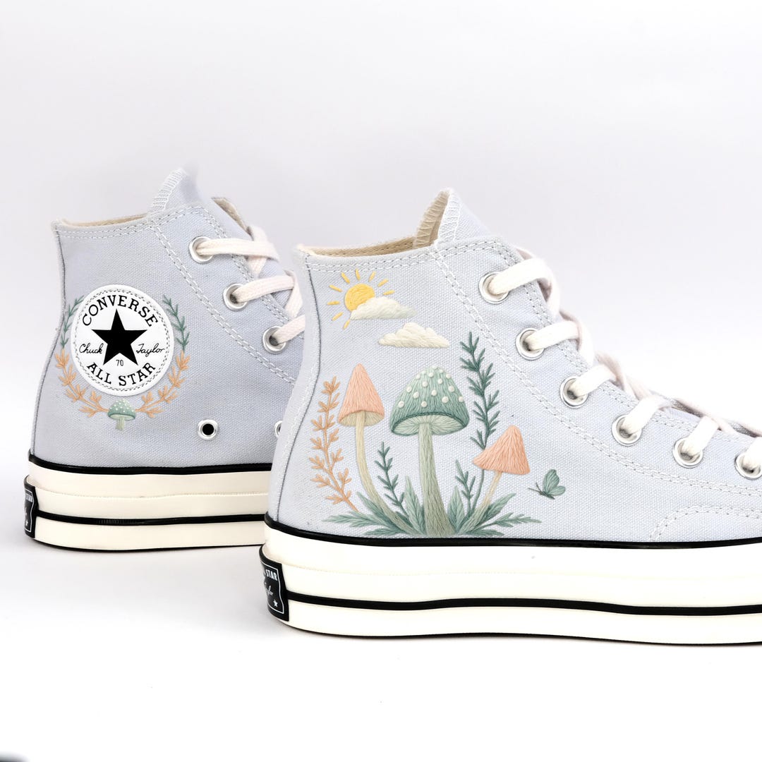 Pastel Mushroom Converse, Embroidered Nature Shoes, Fairycore