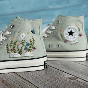 Custom Embroidered Converse Sneakers, Floral and Book Design, Green High Top Shoes, Personalized Chuck Taylor, Unique Gift for Her