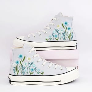 Wedding Converse For Bride, Blue Wedding Flowers Embroidered Shoes Custom, Bridal Flowers Embroidered Sneakers, Custom Converse For Wedding