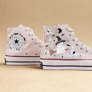 Embroidered Converser, Pumpkins and Ghosts Embroidery Shoes, Halloween Vibes Embroidered Sneakers, Embroidered Wedding Reception Shoes