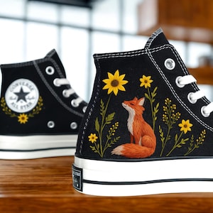 Whimsical Black Converse High-Top with Fox & Floral Embroidery, Handcrafted Woodland Inspired Sneakers, Unique Nature Lover Gift