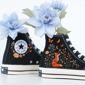 Custom Embroidered Converse High Tops 1970s, Fox Embroidered Converse Shoes, Fox and Flowers Embroidered Sneakers, Funny Halloween Gifts