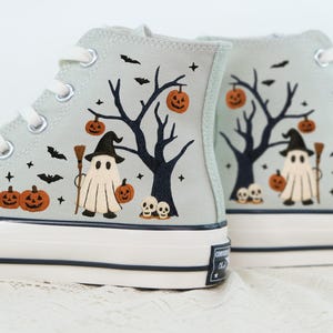 Halloween Ghost Converse Shoes, Custom Embroidered Sneakers, Trick Or Treat Pumpkin High Tops, Fall Aesthetic Shoes, Spooky Cute Gift