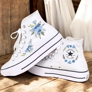 Custom Wedding Sneakers/ Wedding Blue Flowers Embroidered Shoes/ Bridal Flowers Embroidered Sneakers Wedding Flowers Embroidered Sneakers LT