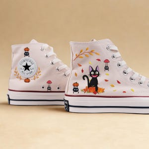 Spooky Cat & Pumpkin Shoes, Fall Themed Converse, Embroidered Halloween Sneakers, Cute Cat High Tops, Autumn Witchy Gift, Halloween Gift