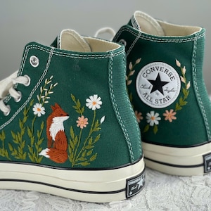 Hand Embroidered Fox Converse, Green Forest High Tops, Cottagecore Woodland Sneakers, Custom Embroidery Shoes LL