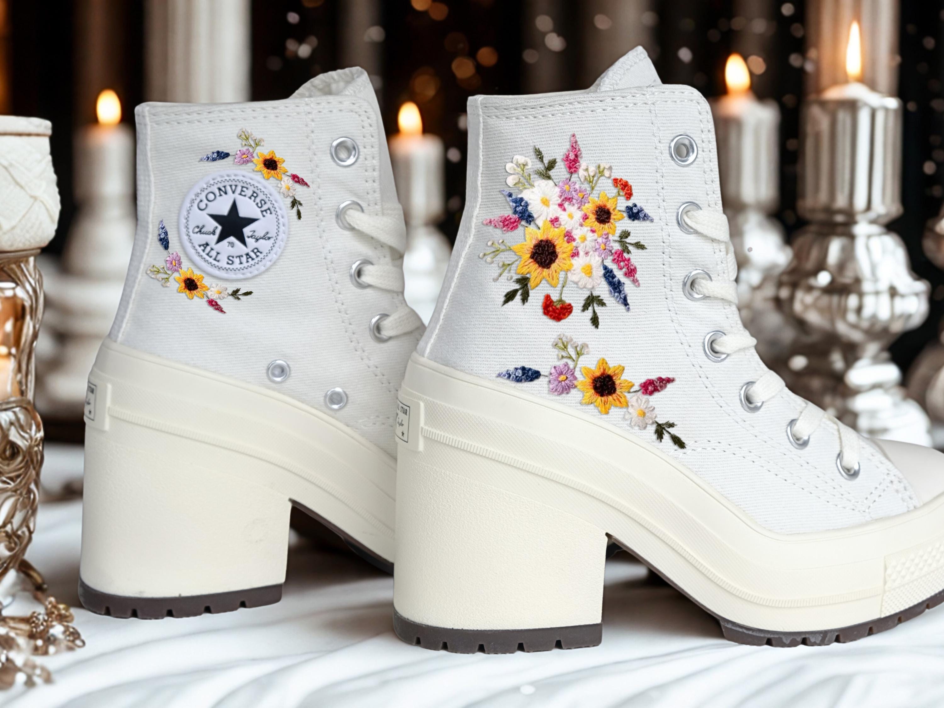 Mariage Converse brodé, Converse talon haut Chuck Taylor fleurs brodées, Converse talon personnalisé, Converse nuptiale LT