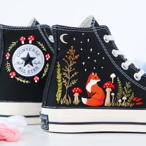 Embroidered Converse Fox Under Moonlight And Mushrooms, Converse Embroidery, Custom Shoes Embroidered Fox Sneakers,  Gift for Her LT