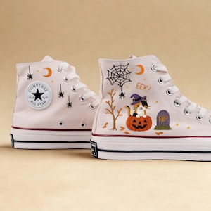 Hand Embroidered Witch Cat Shoes, Cute Halloween Pumpkin Sneakers, Halloween Cat Shoes, Unique Fall Pumpkin Converse, Boo Cat Party Sneakers