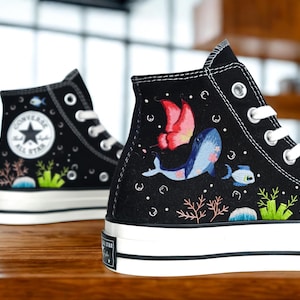 Hand Painted Ocean Whale Sneakers, Custom Converse Shoes, Unique Sea Art Shoes, Marine Themed Gift, Ocean Lover High Tops, Gift for Her
